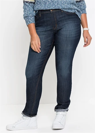 Jeansy o kroju mom, mid waist, z wygodnym stretchem, kolor: granatowy used