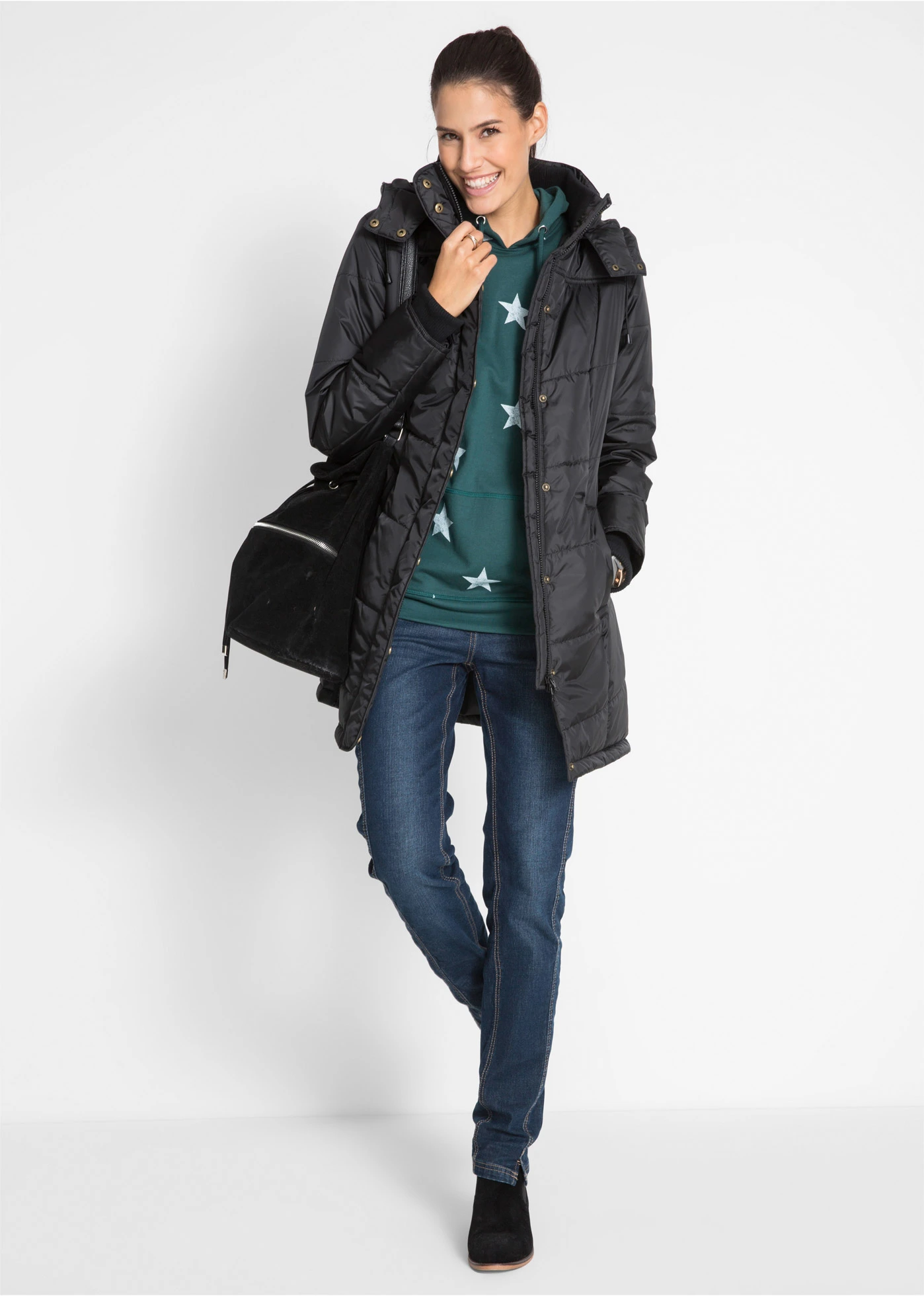 Doudoune longue à col montant et capuche • noir • Boutique bonprix