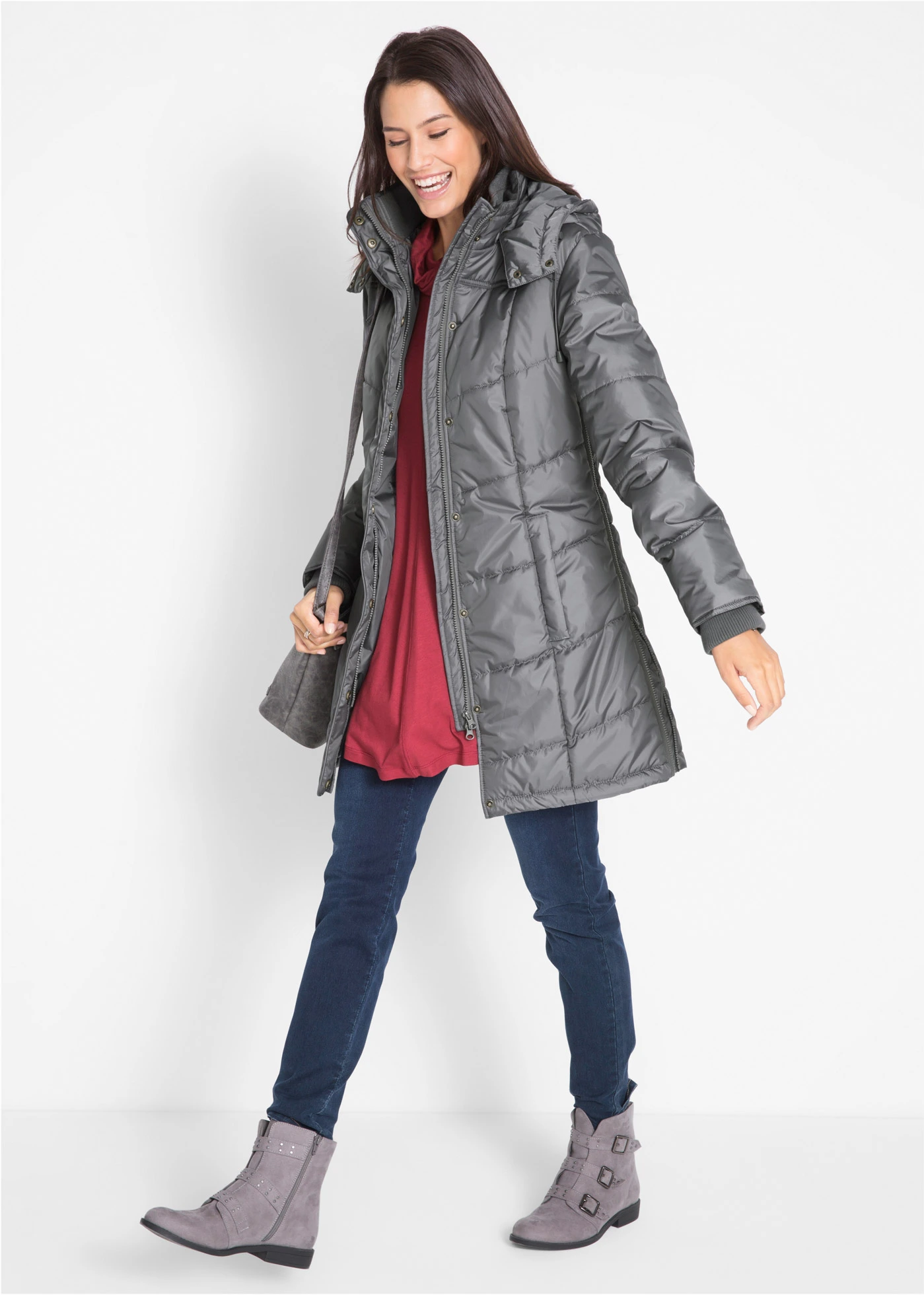 Doudoune longue à col montant et capuche • gris fumé • Boutique bonprix