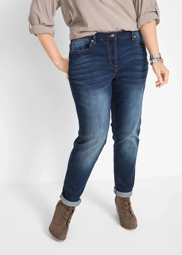 Jean boyfriend taille mi-haute, extensible, Couleur: bleu foncé denim