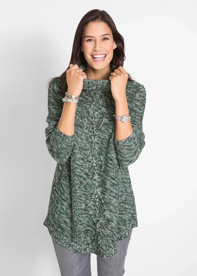 Pull long esprit poncho, manches longues, Couleur: vert profond chiné