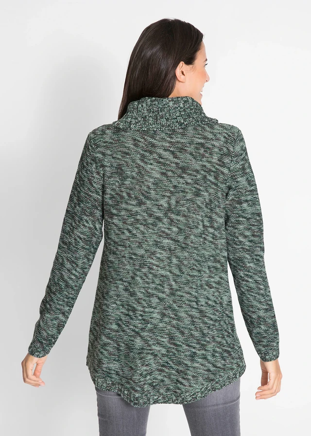 Pull long esprit poncho, manches longues, Couleur: vert profond chiné