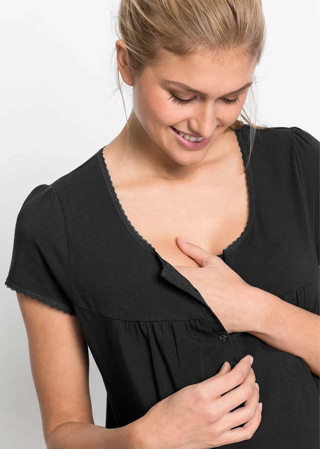 Chemise de nuit d’allaitement coton, Couleur: noir