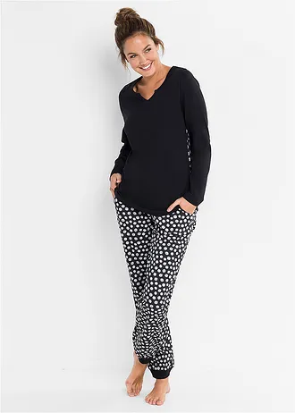 Pijama din bumbac organic 100% • negru/alb cu model • magazin bonprix