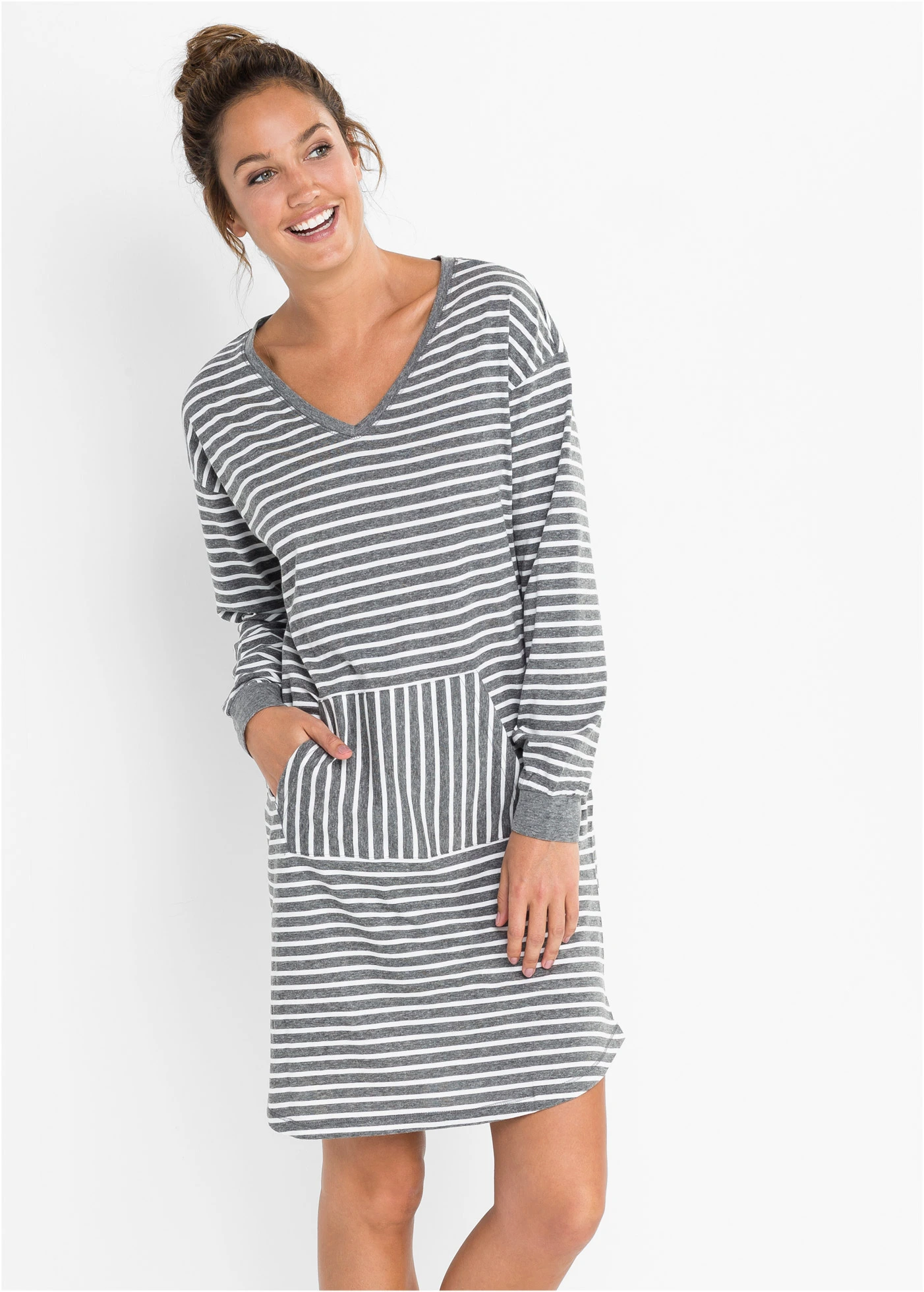 Cămașă de noapte cu bumbac organic • gri melanj/ecru cu dungi • magazin bonprix