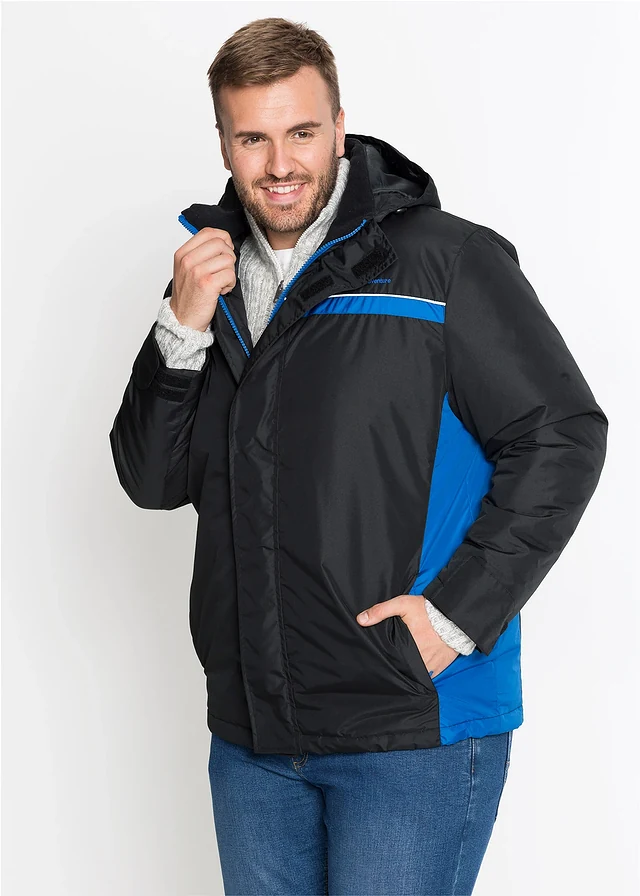 Waterdichte outdoor jas met afneembare capuchon, Kleur: zwart - azuurblauw