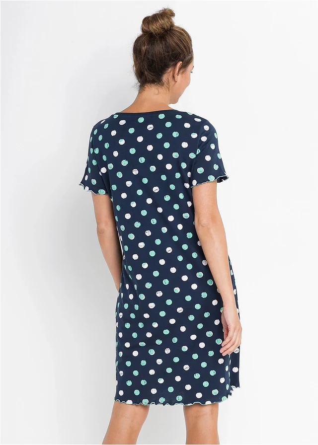 Chemise de nuit en coton, Couleur: bleu foncé pois