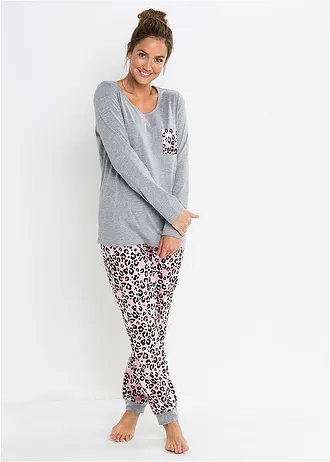 Pijama cu bumbac organic, culoare: gri melanj/roz pudrat cu imprimeu