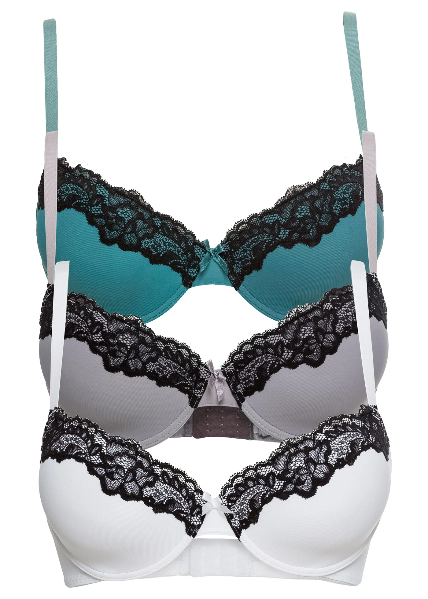 Lot de 3 soutiens-gorge avec coques et armatures, polyamide • blanc-noir + noir-mauve + noir-turquoise cobalt mat • Boutique bonprix