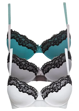 Voorgevormde beugel bh met gerecycled polyamide (set van 3), Kleur: wit-zwart+zwart-mauve+zwart-kobaltturkoois
