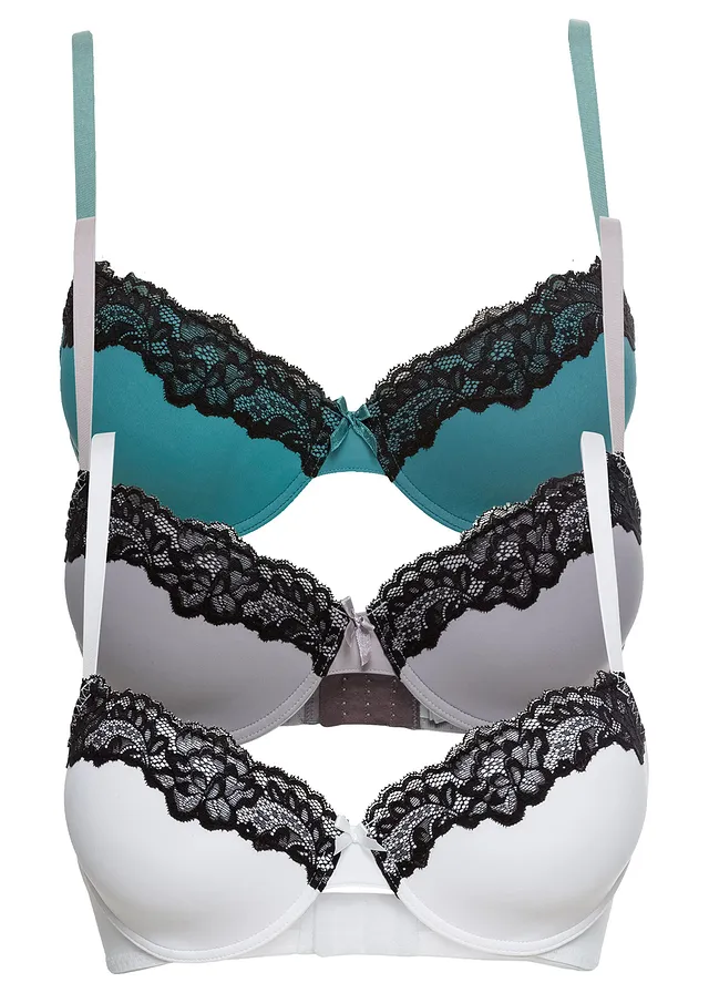Lot de 3 soutiens-gorge avec coques et armatures, polyamide • blanc-noir + noir-mauve + noir-turquoise cobalt mat • Boutique bonprix