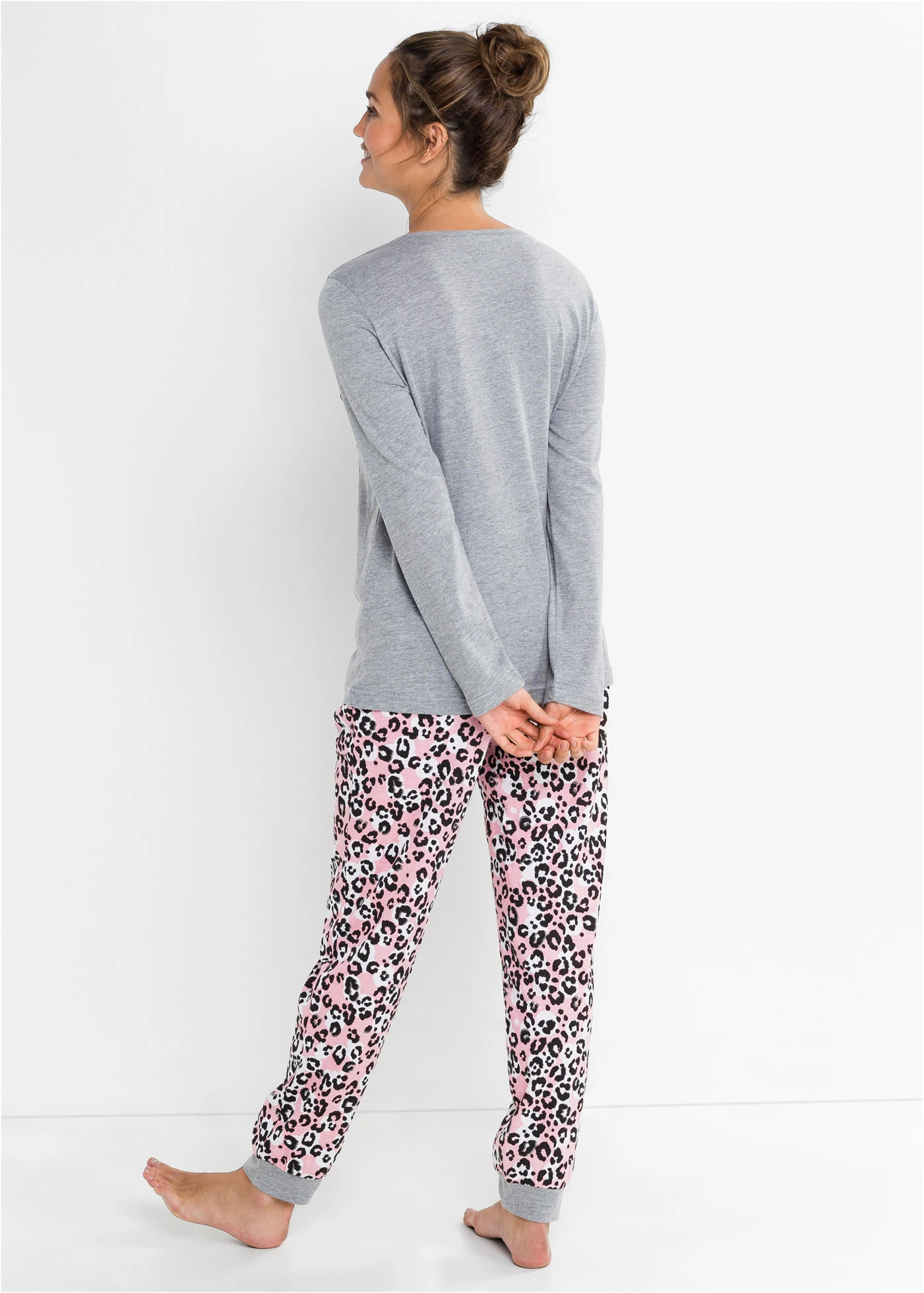Pijama cu bumbac organic • gri melanj/roz pudrat cu imprimeu • magazin bonprix