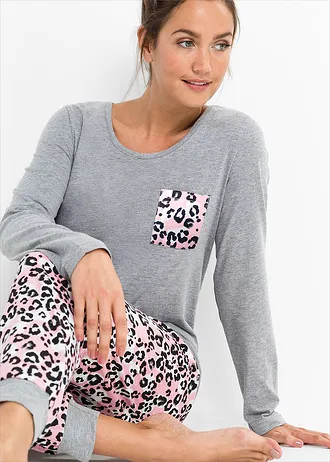 Pyjama met biologisch katoen • grijs gemêleerd-roze poudre gedessineerd • bonprix online shop
