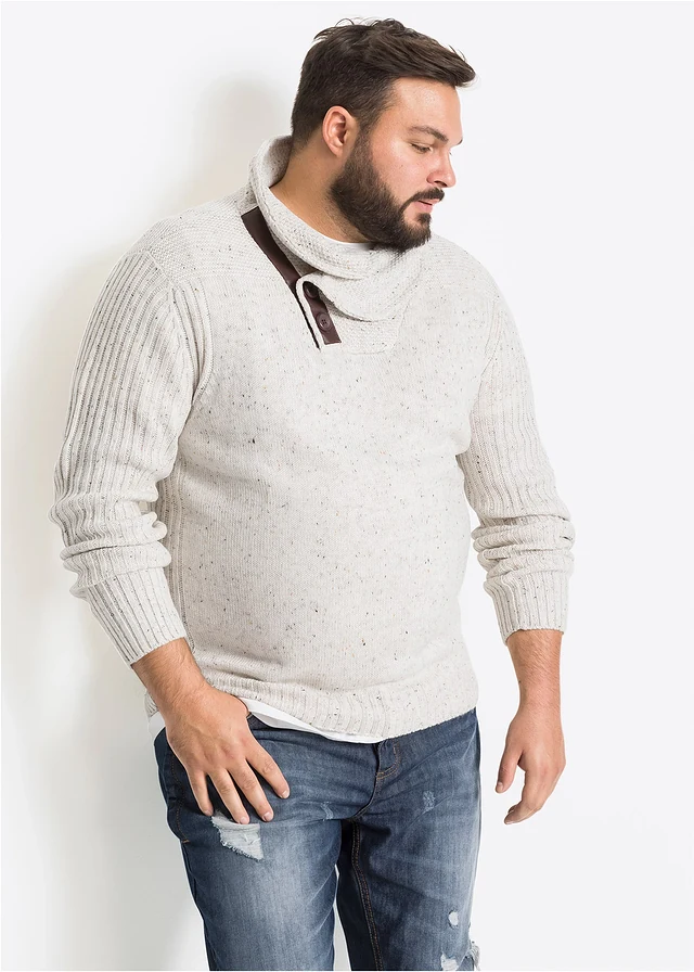 Pull en grosse maille à col châle, Couleur: beige