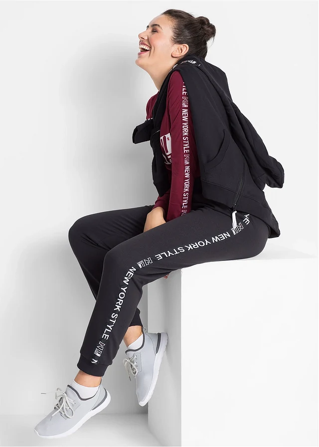 Sweatpants met tapes en statement print, Kleur: zwart
