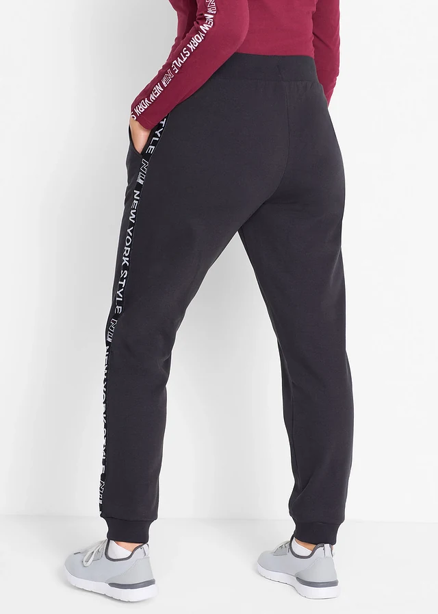 Sweatpants met tapes en statement print, Kleur: zwart
