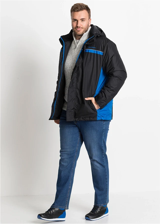Waterdichte outdoor jas met afneembare capuchon, Kleur: zwart - azuurblauw