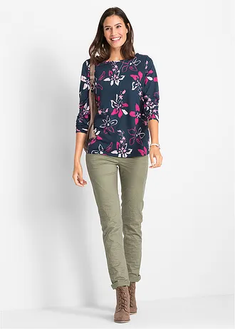 Longsleeve met bloemenprint, Kleur: donkerblauw gebloemd
