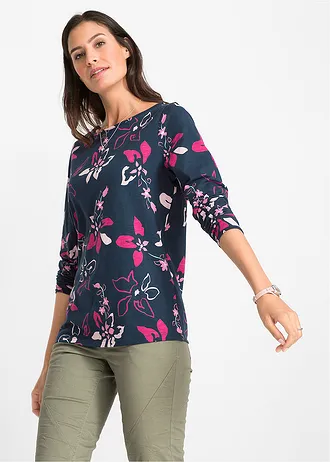 Longsleeve met bloemenprint, Kleur: donkerblauw gebloemd
