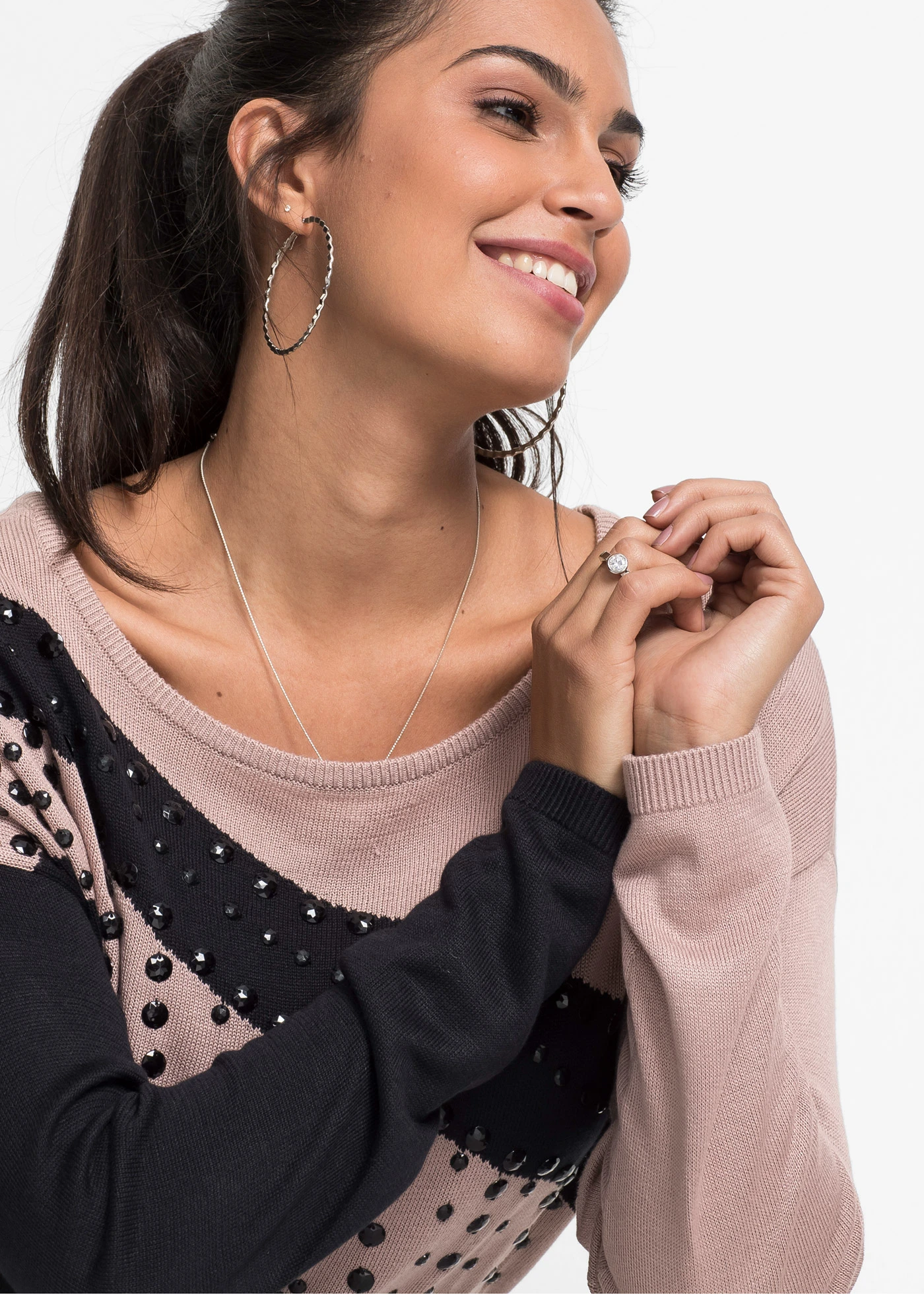 Lange trui met applicatie • zwart-roze • bonprix online shop