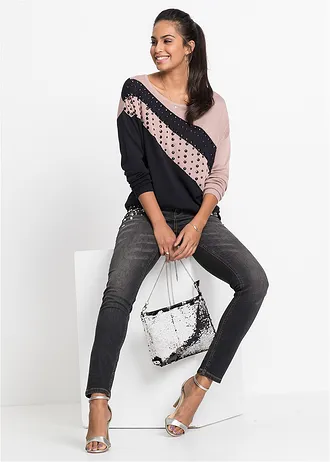 Lange trui met applicatie, Kleur: zwart-roze