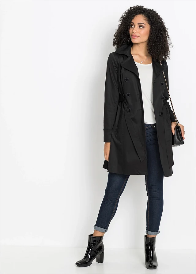 Trenchcoat van katoen, Kleur: zwart