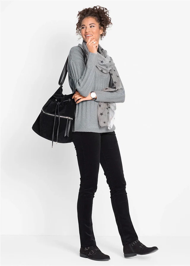 Pantalon slim en velours côtelé extensible, Couleur: noir