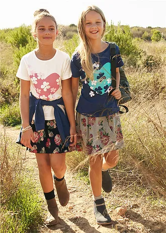 T-shirt dziewczęcy z czystej bawełny organicznej (2 szt.) • biel wełny+granatowy • sklep bonprix