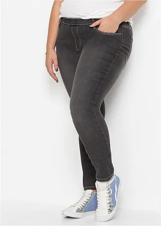Skinny jegging mid waist met comfortband, Kleur: zwart denim