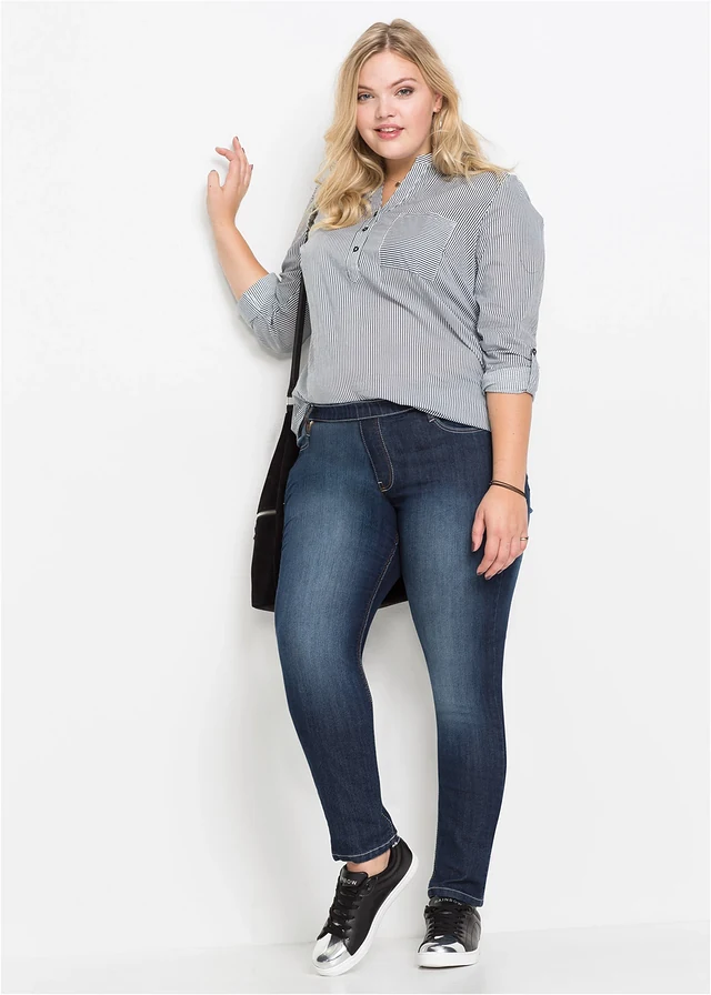 Jegging skinny taille mi-haute et élastiquée, Couleur: denim bleu nuit
