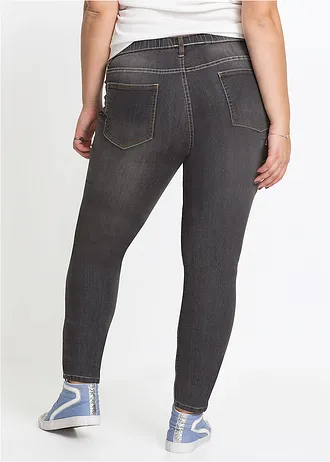 Skinny jegging mid waist met comfortband, Kleur: zwart denim