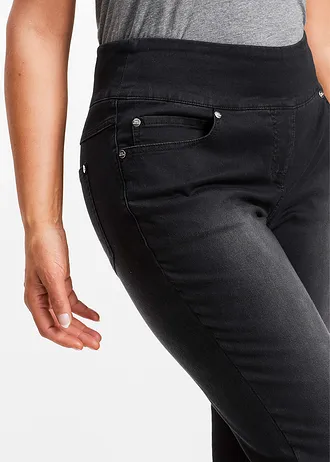 Straight jeans mid waist, super stretch met comfortband, Kleur: zwart denim