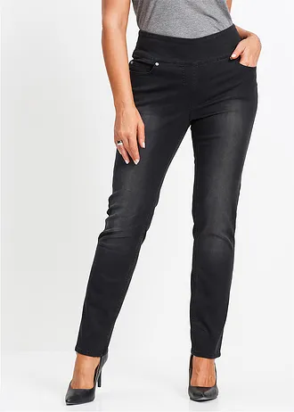 Straight jeans mid waist, super stretch met comfortband, Kleur: zwart denim