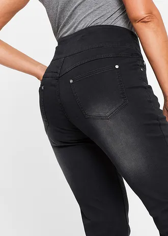 Straight jeans mid waist, super stretch met comfortband, Kleur: zwart denim