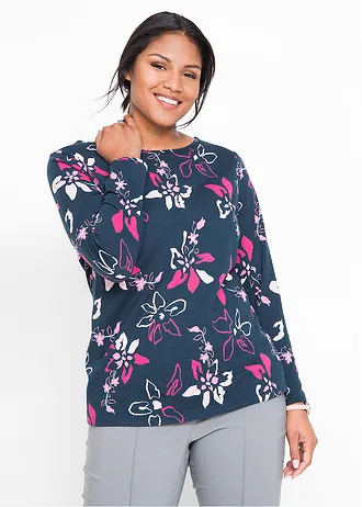 T-shirt manches longues à imprimé floral • bleu foncé à fleurs plus size • Boutique bonprix