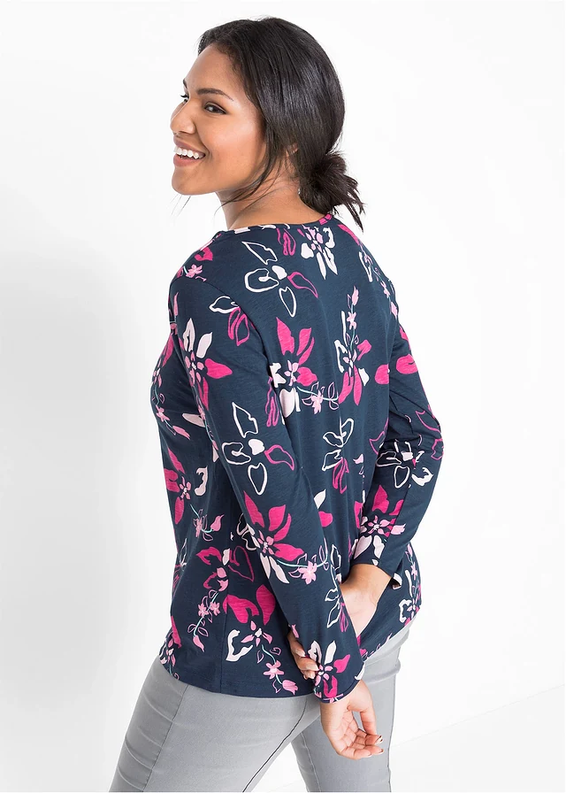 Longsleeve met bloemenprint, Kleur: donkerblauw gebloemd