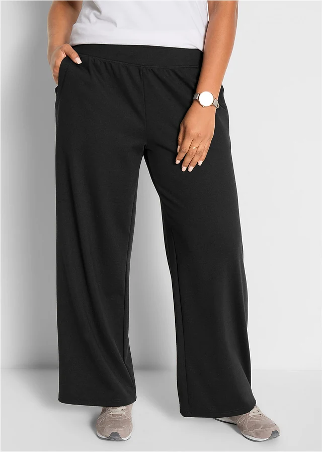 Pantalon en jersey milano à taille élastiquée, Couleur: noir
