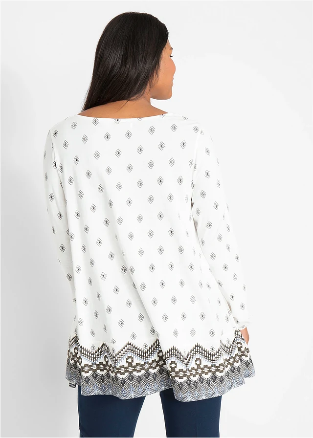 Tunique longue en jersey coton et viscose, Couleur: écru imprimé graphique