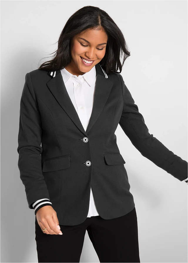 Katoenen blazer met gestreepte details, Kleur: zwart