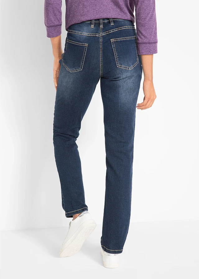Straight stretch jeans, mid waist, Kleur: donkerblauw used