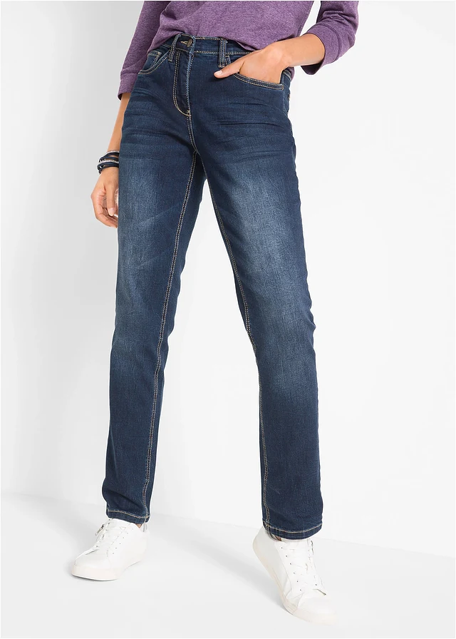 Jean droit taille mi-haute, extensible, Couleur: bleu foncé used