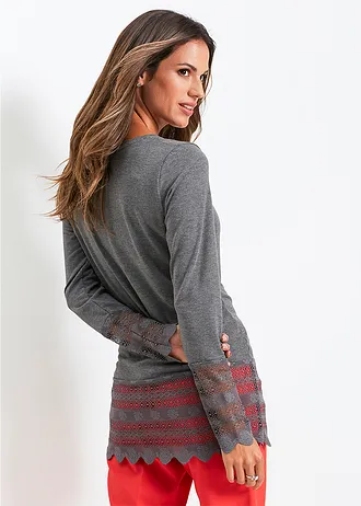 Longshirt met kant • grijs gemêleerd • bonprix online shop