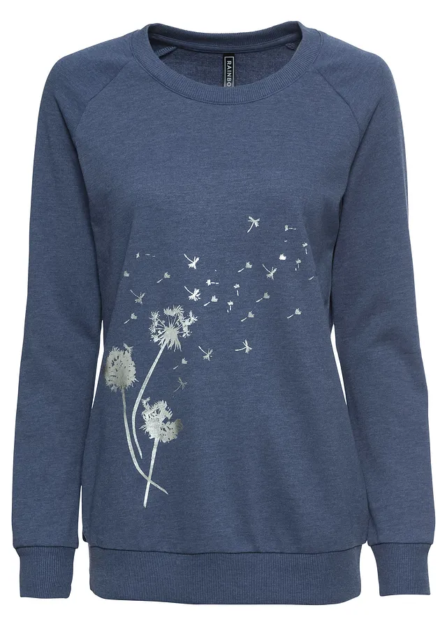 Sweater in een katoenmix • indigo gemêleerd met print • bonprix online shop