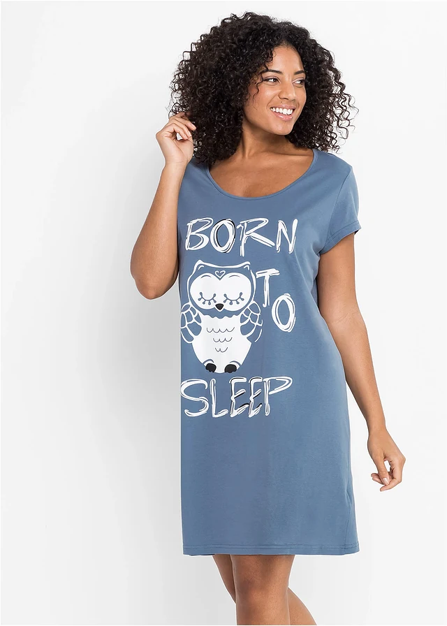 Chemise de nuit 100% coton, Couleur: bleu-imprimé chouette