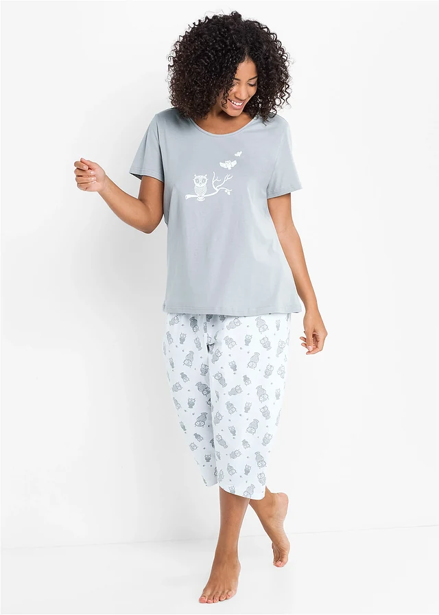Pyjama corsaire à manches courtes, Couleur: gris argent/blanc