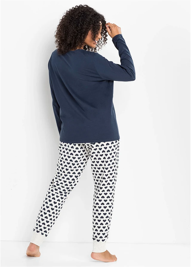 Pyjama coton, Couleur: bleu foncé/écru chiné imprimé