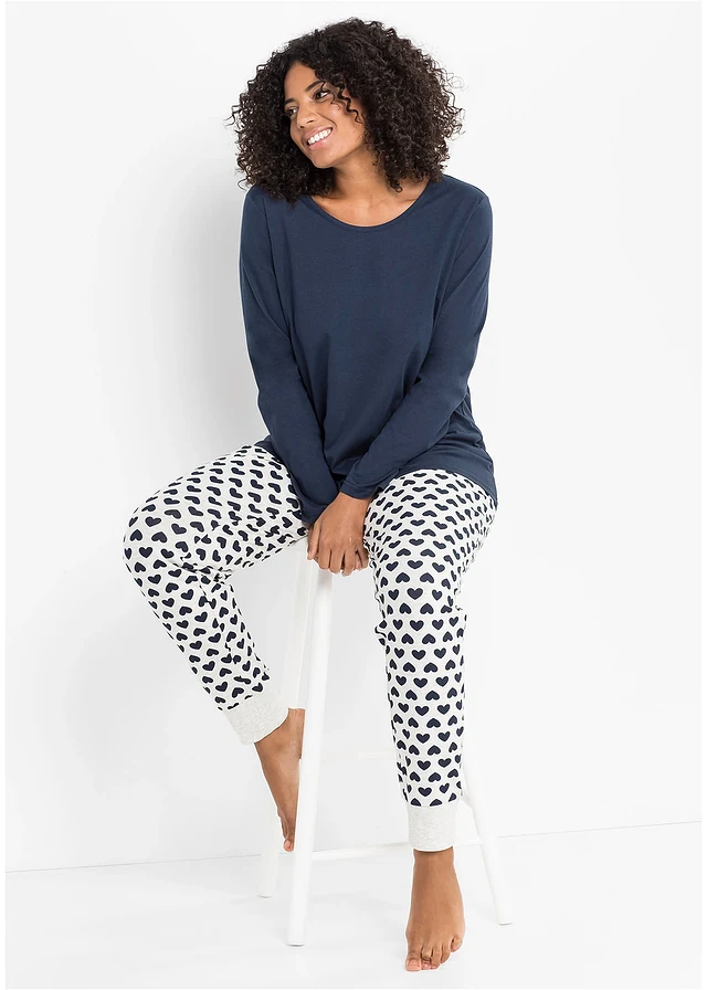 Pyjama coton, Couleur: bleu foncé/écru chiné imprimé