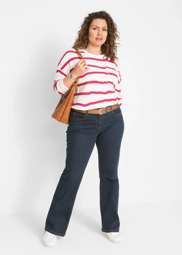Jean bootcut taille haute, extensible, Couleur: bleu foncé
