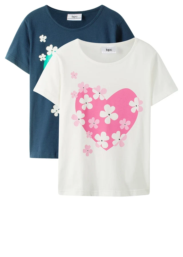 Meisjes T-shirt (set van 2) van biologisch katoen, Kleur: wolwit+donkerblauw