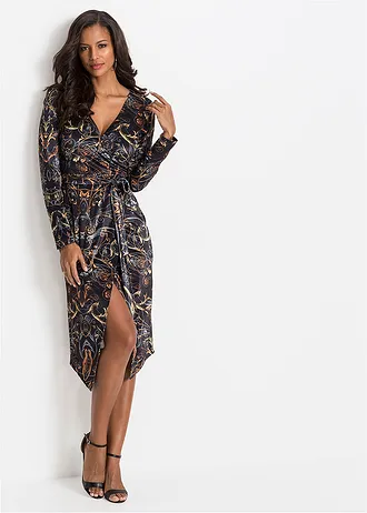 Fluwelen wikkeljurk met dessin • zwart gedessineerd • bonprix online shop